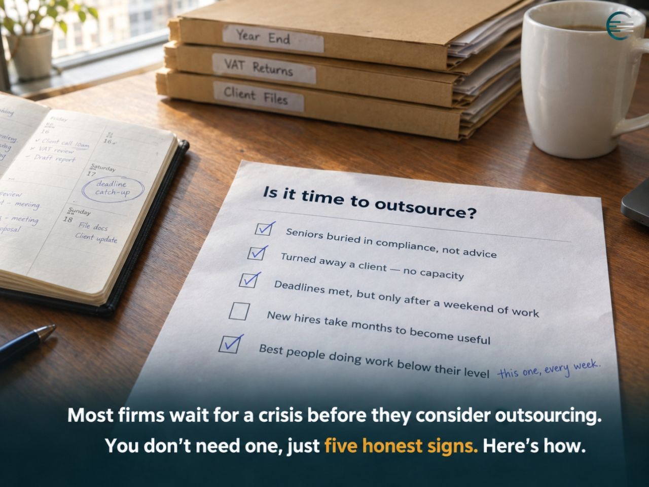Handwritten checklist titled 'Is it time to outsource?' listing five signs a UK accounting practice has a capacity problem