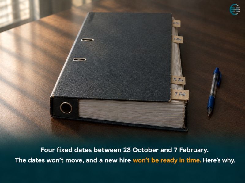 A thick lever arch file on a desk with four tabs marked 28 Oct, 7 Nov, 31 Jan and 7 Feb, representing the fixed UK accounting and tax dates this winter