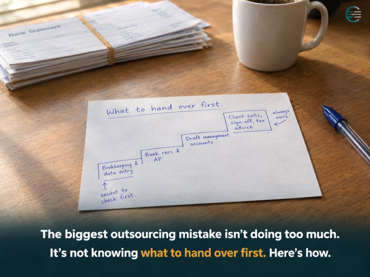 Handwritten step diagram showing what to hand over first when outsourcing accounting work